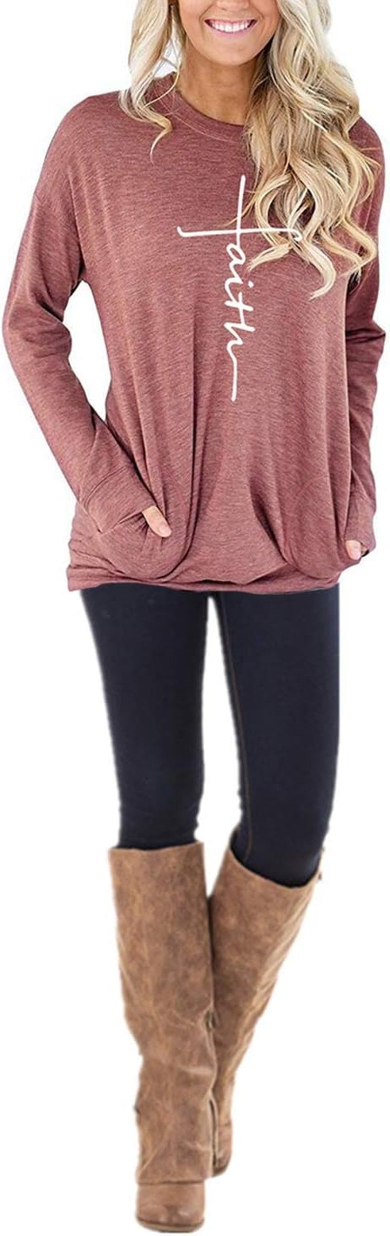 Women'S Faith Sweatshirt Loose Fit Long Sleeve Crewneck Christian Letter Print Tunic Tops with Pocket