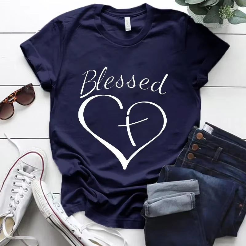 Blessed Cross and Heart Christian T Shirt Grey Tshirt Top Harajuku Fashion Streetwear for Women Unisex Clothes Graphic Tee Shirt