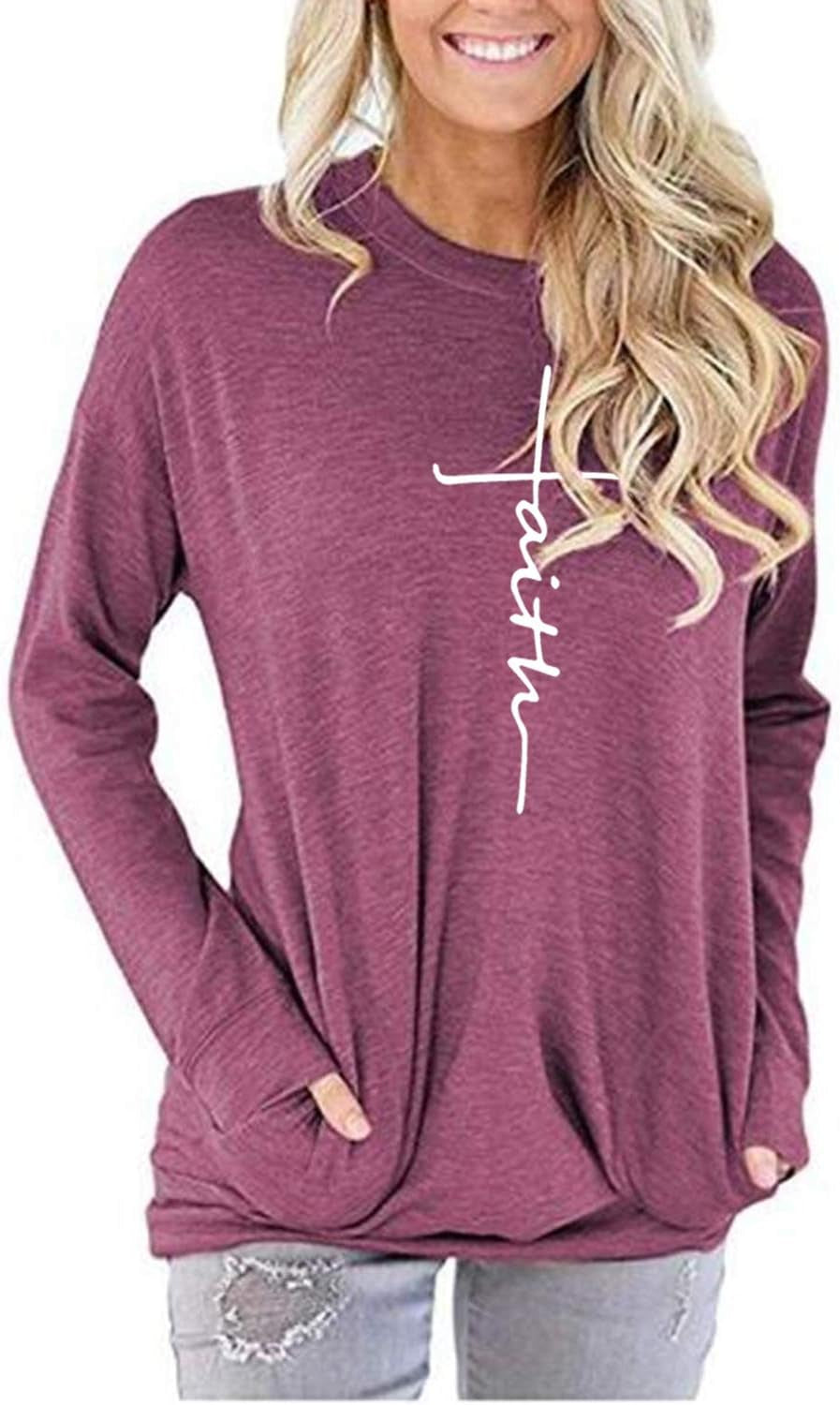 Women'S Faith Sweatshirt Loose Fit Long Sleeve Crewneck Christian Letter Print Tunic Tops with Pocket