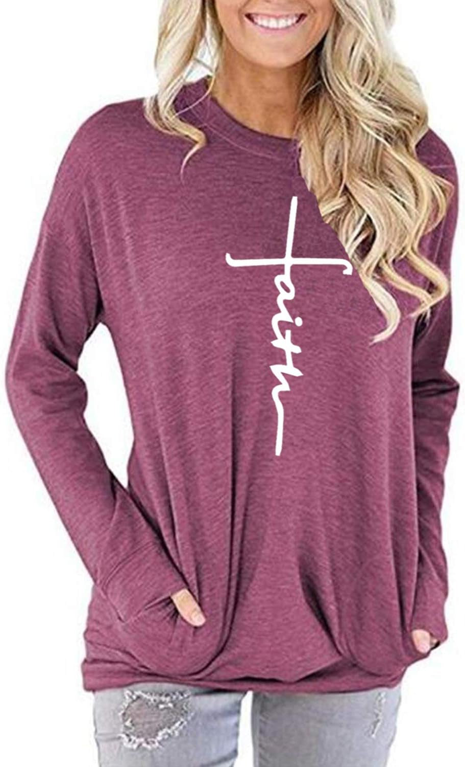 Women'S Faith Sweatshirt Loose Fit Long Sleeve Crewneck Christian Letter Print Tunic Tops with Pocket