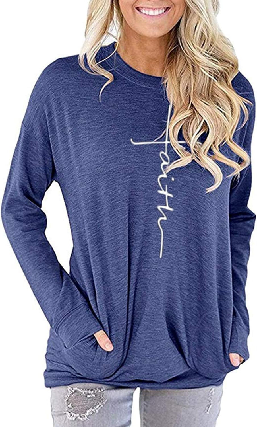 Women'S Faith Sweatshirt Loose Fit Long Sleeve Crewneck Christian Letter Print Tunic Tops with Pocket