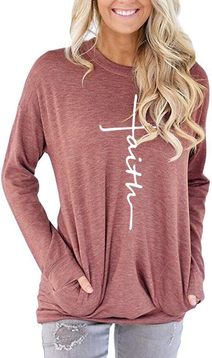 Women'S Faith Sweatshirt Loose Fit Long Sleeve Crewneck Christian Letter Print Tunic Tops with Pocket