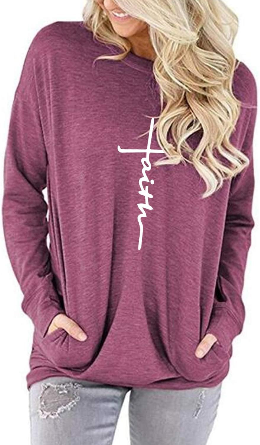 Women'S Faith Sweatshirt Loose Fit Long Sleeve Crewneck Christian Letter Print Tunic Tops with Pocket