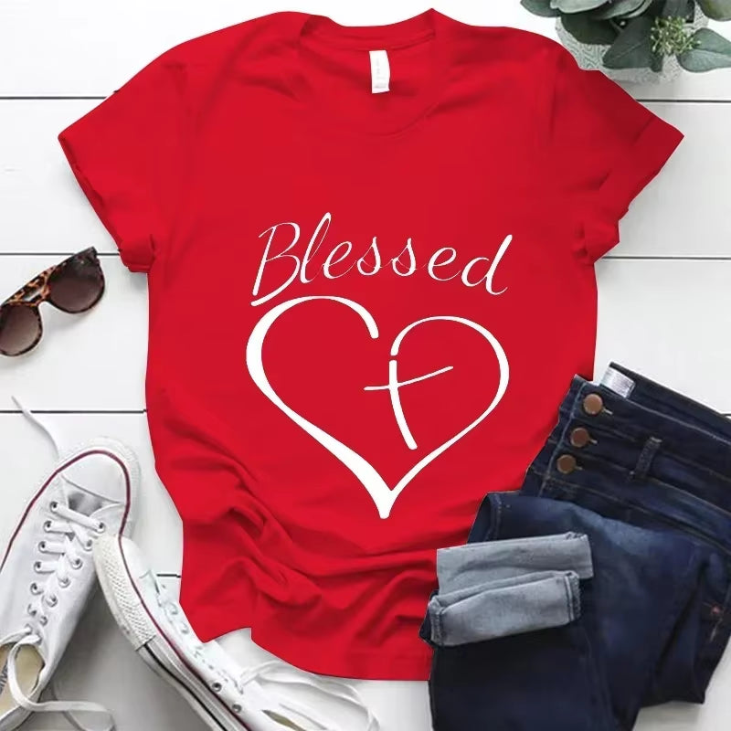 Blessed Cross and Heart Christian T Shirt Grey Tshirt Top Harajuku Fashion Streetwear for Women Unisex Clothes Graphic Tee Shirt