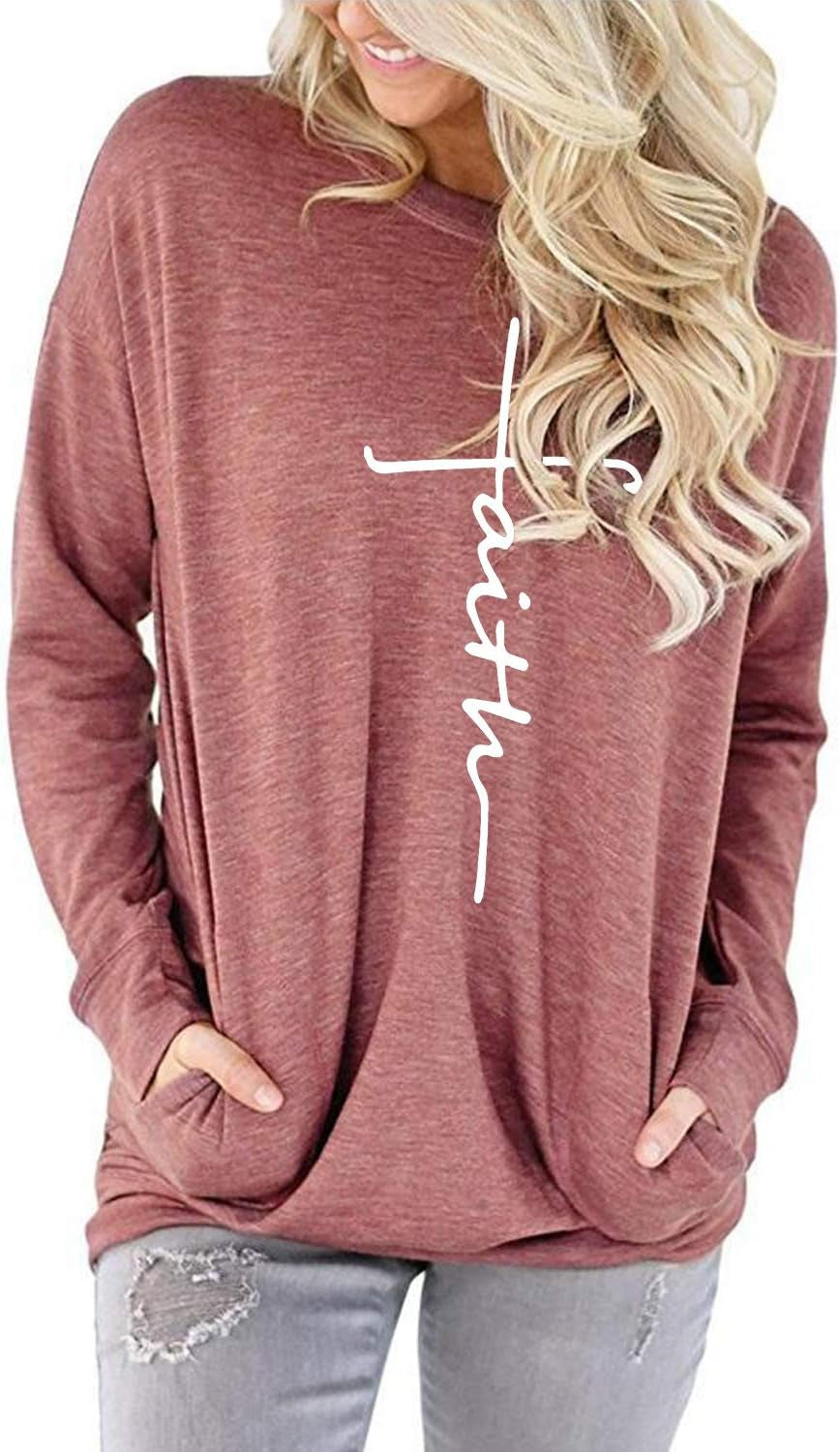 Women'S Faith Sweatshirt Loose Fit Long Sleeve Crewneck Christian Letter Print Tunic Tops with Pocket