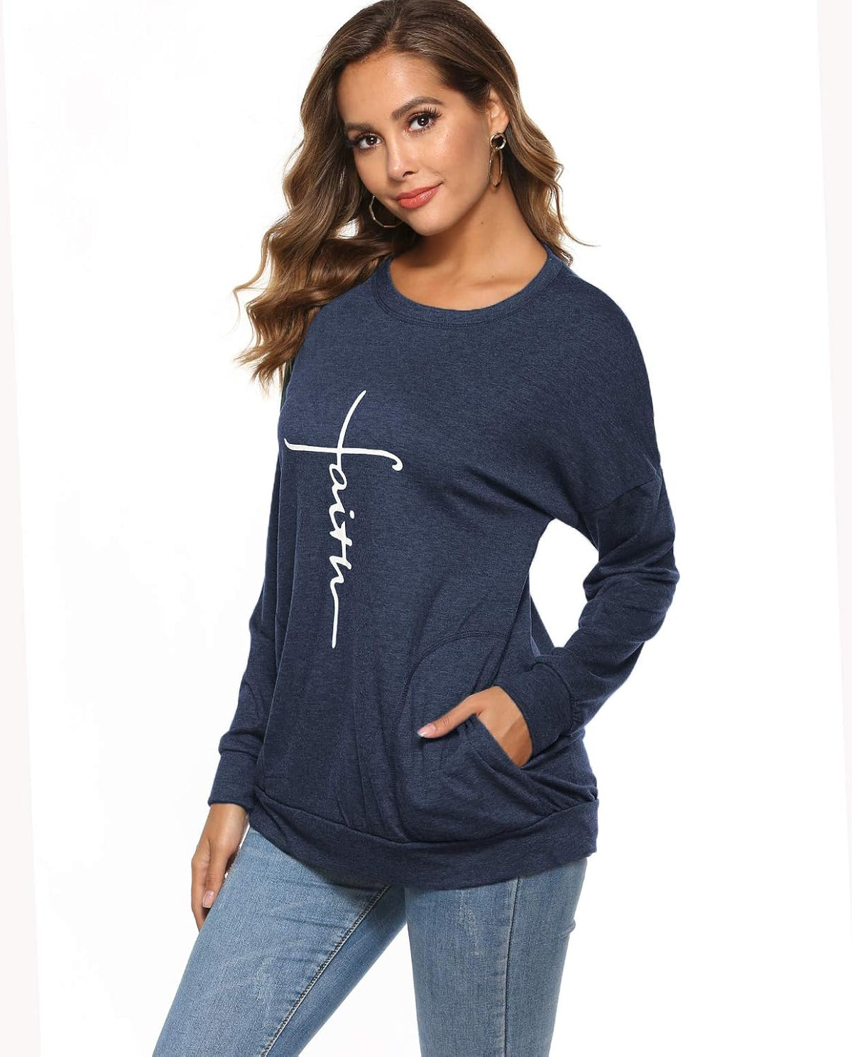Women'S Faith Sweatshirt Loose Fit Long Sleeve Crewneck Christian Letter Print Tunic Tops with Pocket